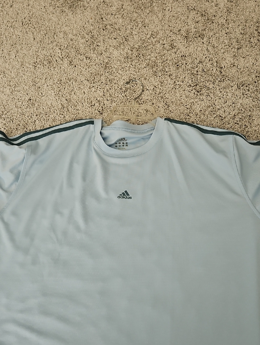 Adidas Light Blue Athletic Tee with Dark Blue Stripes